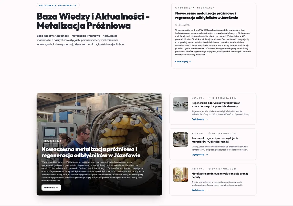 Karty artykułów bazy wiedzy Staniax — metalizacja próżniowa i regeneracja odbłyśników