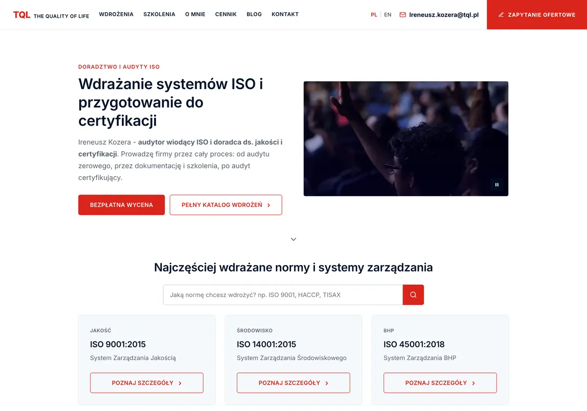 Sekcja hero strony głównej TQL — wdrożenia norm ISO